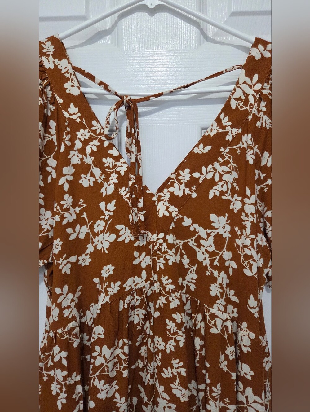 Old Navy Brown Floral Short Sleeve Tiered Mini Dress Sz Small Petite Boho Casual - Picture 8 of 13